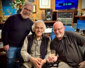 Brian, Omar Faruk Tekbilek, and Wishbone Ash guitarist Andy Powell during Middle Eastern Symphony tracking at Brian’s studio