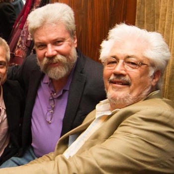 Guitarists Sean Harkness, Brian, and Larry Coryell backstage at the Blue Note in New York 2014