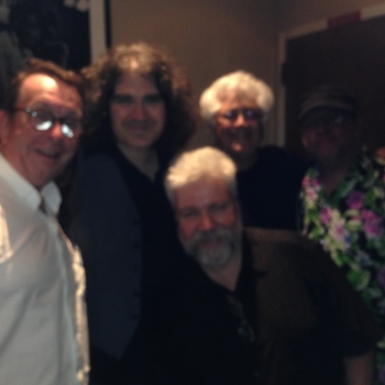 Father Ray, Julian Coryell, Brian and Larry Coryell, backstage at the Blue Note in New York 2015
