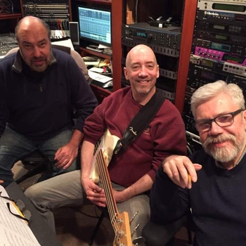 Tony Aiardo, Dave Anderson, and Brian tracking bass in the studio 2018