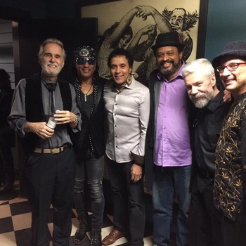 Sunsight Reunion backstage at Toads Place in New Haven Ct. (L-R Roger Ball, Marion Meadows, Arti Dixson, Kevin Jenkins, Brian, and Joey Melotti), 2016