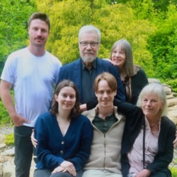 Brian with sons Dylan and Wylder, Wylder’s wife Meg, Bonnie, and Brian’s ex-wife Susan in Brian’s back yard. May 2025