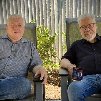 Trumpeter Tony Kadleck and Brian relaxing in between takes outside of Brian’s studio August 2025